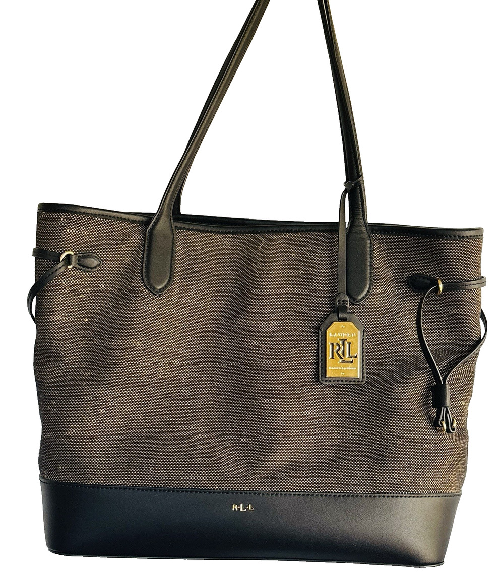RLL RALPH LAUREN Tote/Shoulder Bag Purse Black Leather Base Logo charm